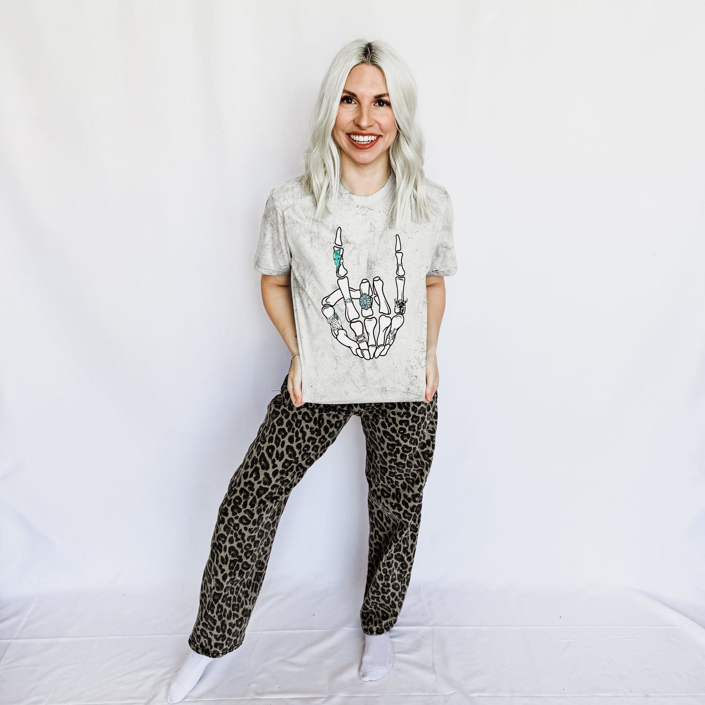 *Turquoise Skeleton Peace Sign Graphic Tee