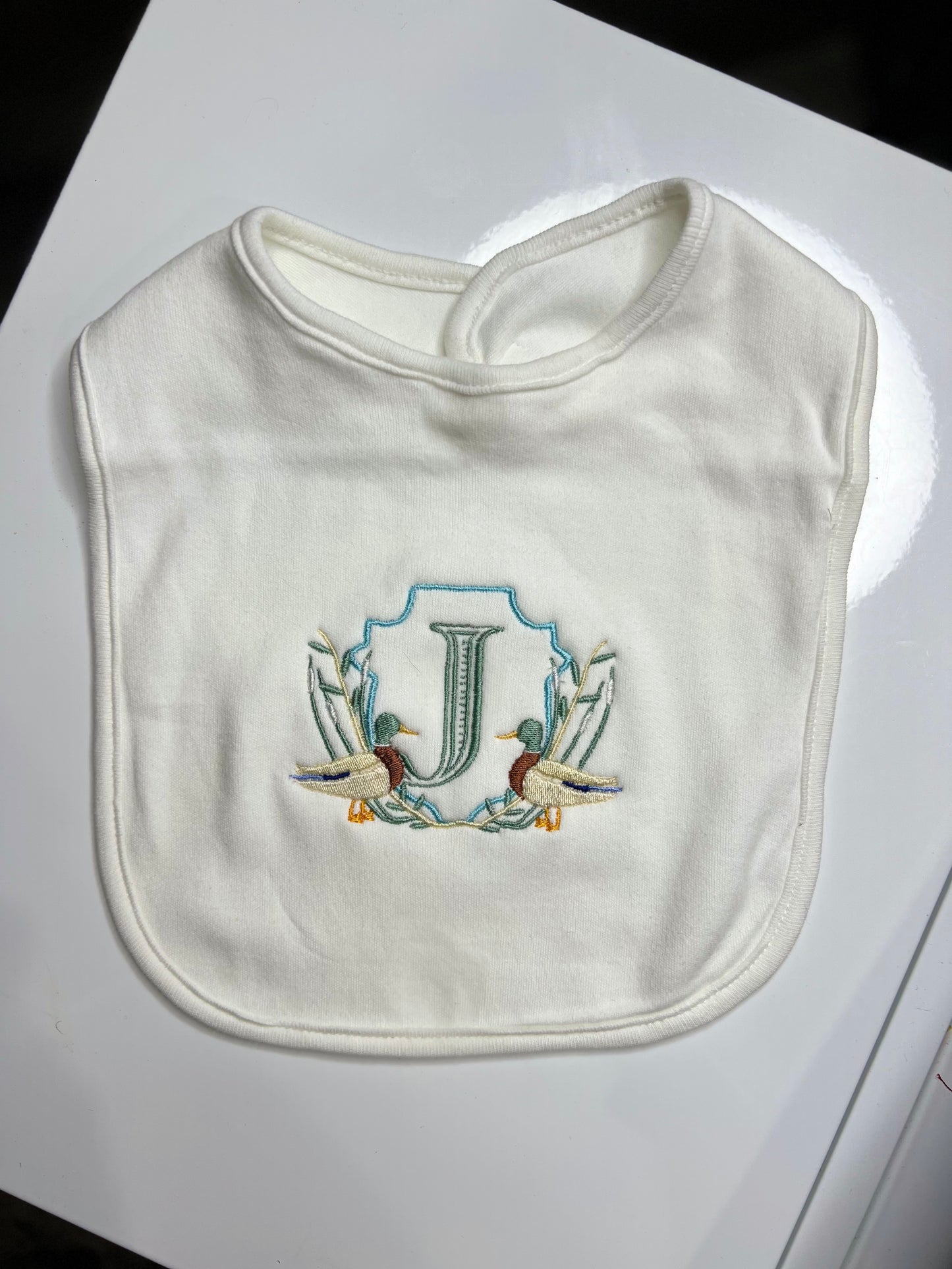 Duck Crest with Initial - White Bib