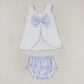 Swing back bloomer set with floral and bow patterned top. Purple gingham bloomers and bow on back of top