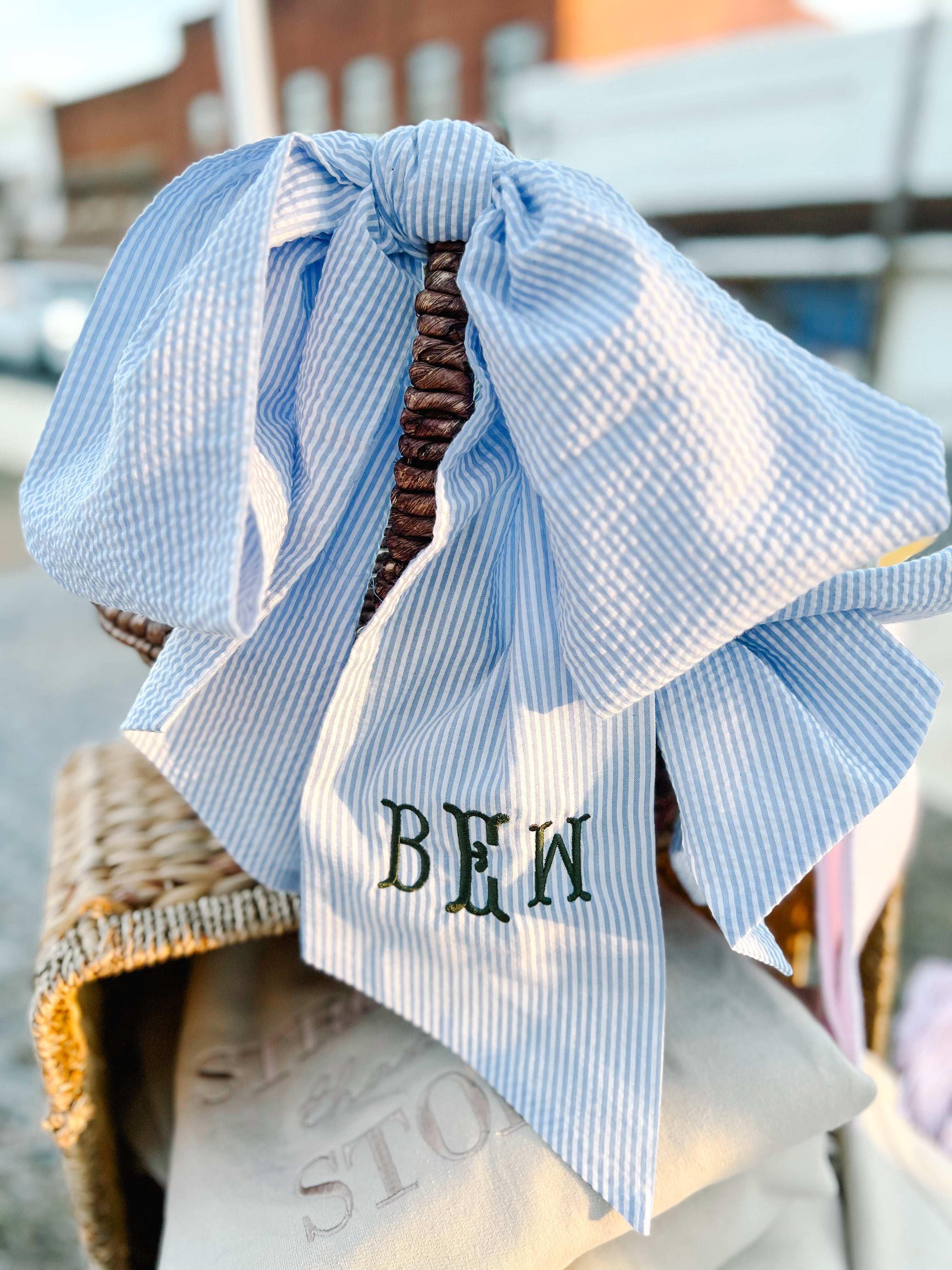Blue seersucker sash with monogram