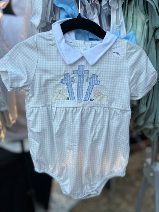 Khaki gingham with three crosses and lambs