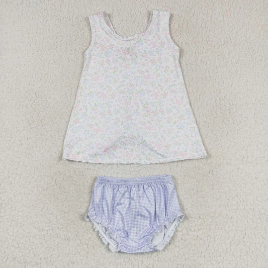 Swing back bloomer set with floral and bow patterned top. Purple gingham bloomers