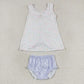 Swing back bloomer set with floral and bow patterned top. Purple gingham bloomers