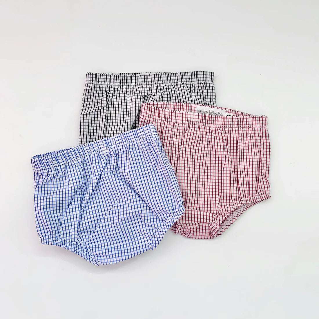 three pair of bloomers with red windowpane, red windowpane, and blue windowpane pattern