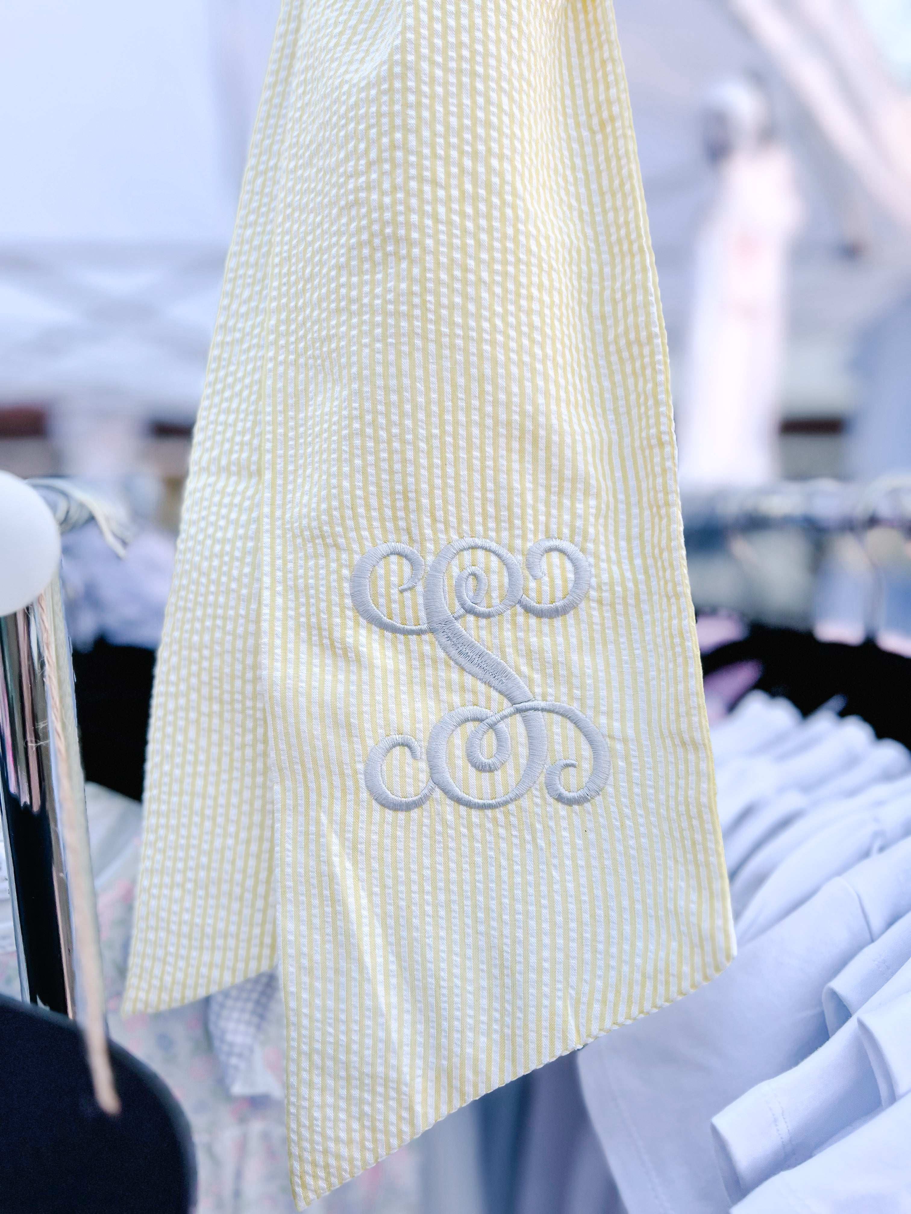 Yellow seersucker sash with monogrammed S